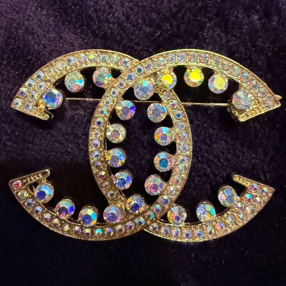 Gold and Silver Crystal Brooch with Iridescent Accents